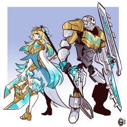 Rule 34 | 1boy, 1girl, absurdres, armor, axe, bionicle, blonde hair, blue eyes, boots, cape, crossover, earrings, facing, facing away, feather trim, fire emblem, fire emblem heroes, fjorm (fire emblem), flower, gold armor, gold trim, green hair, hair flower, hair ornament, helmet, highres, holding, holding axe, holding polearm, holding weapon, jewelry, kopaka (bionicle), looking back, multicolored hair, nintendo, polearm, scruffyturtles, the lego group, thigh boots, thighs, tiara, watermark, weapon, white armor