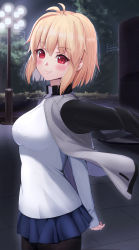 Rule 34 | 1girl, absurdres, antenna hair, arcueid brunestud, arms behind back, black pantyhose, blonde hair, blue skirt, blush, breasts, closed mouth, commentary request, hair between eyes, highres, jacket, jacket on shoulders, jewelry, long sleeves, looking at viewer, medium breasts, miniskirt, necklace, night, pantyhose, particle sfs, red eyes, short hair, skirt, sleeves past wrists, smile, solo, sweater, tsukihime, tsukihime (remake), turtleneck, turtleneck sweater, white sweater