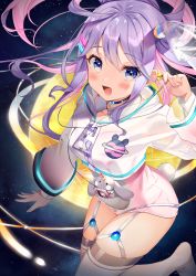 Rule 34 | 1girl, :d, blue eyes, blush, choker, commentary request, earbuds, earphones, fake horns, garter straps, highres, horns, indie virtual youtuber, jacket, jewelry, kanda done, leotard, long hair, looking at viewer, micosmic baby, multicolored hair, necklace, open mouth, pink hair, pink leotard, planet, purple hair, rabbit tail, see-through, see-through jacket, sky, smile, solo, space, star (sky), starry sky, tail, thighhighs, thighs, virtual youtuber, white thighhighs, wide sleeves, zipper, zipper pull tab