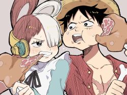Rule 34 | 1boy, 1girl, bare shoulders, black hair, breasts, competition, dress, eating, facial scar, food, hair over one eye, hat, headphones, highres, idol, long hair, long sleeves, looking at another, meat, mm25, monkey d. luffy, multicolored hair, one piece, one piece film: red, open mouth, red hair, scar, scar on cheek, scar on face, straw hat, two-tone hair, uta (one piece), very long hair