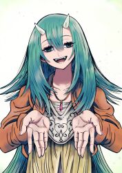 Rule 34 | 1girl, batchgooya, green eyes, green hair, hair between eyes, highres, horns, jewelry, long hair, looking at viewer, necklace, open mouth, simple background, solitar (sousou no frieren), solo, sousou no frieren, very long hair
