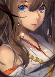 Rule 34 | 1girl, absurdres, bare shoulders, blue eyes, blurry, blurry background, brown hair, close-up, depth of field, eyelashes, hair between eyes, highres, kantai collection, kongou (kancolle), lips, long hair, miyazakisoul, nontraditional miko, parted lips, portrait, solo, tassel