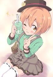Rule 34 | 1girl, ;3, bangle, black headwear, blush, bracelet, brown eyes, closed mouth, cup, disposable cup, drinking straw, flower, green shirt, grey skirt, hair between eyes, hair flower, hair ornament, hairclip, hands up, highres, holding, holding cup, hoshizora rin, jewelry, long sleeves, love live!, love live! school idol project, one eye closed, orange hair, pleated skirt, ribbon-trimmed legwear, ribbon trim, sen (sen0910), shirt, sitting, skirt, solo, star (symbol), suspender skirt, suspenders, thighhighs, tilted headwear, white thighhighs, yellow flower