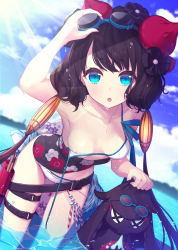 Rule 34 | 1girl, belt, bikini, black hair, blue eyes, breasts, cleavage, cloud, cowboy shot, day, dutch angle, fate/grand order, fate (series), hair ornament, highres, katsushika hokusai (fate), katsushika hokusai (swimsuit saber) (fate), leaning forward, long hair, looking at viewer, open mouth, outdoors, patori, small breasts, solo, standing, sunlight, swimsuit, thigh strap, tokitarou (fate), untied bikini, wading, white bikini