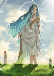 Rule 34 | 1girl, 2boys, 37 (reverse:1999), 6 (reverse:1999), ancient greek clothes, aqua eyes, aqua hair, armlet, blue hair, blue sky, character request, cloud, day, dress, feet out of frame, gold choker, gold trim, grass, greco-roman clothes, green eyes, hair between eyes, holding, long hair, looking up, multiple boys, outdoors, red hair, reverse:1999, robe, shadow, sky, smile, solo focus, standing, sunlight, toga, triangle, very long hair, white dress, white robe, zilia