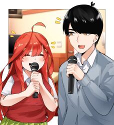 Rule 34 | 1boy, 1girl, :d, ^ ^, ahoge, antenna hair, black hair, blurry, blurry background, blush, breasts, closed eyes, collared shirt, commentary request, commission, eyebrows hidden by hair, facing viewer, go-toubun no hanayome, green skirt, grey sweater, hair between eyes, hair ornament, hand up, hands up, happy, highres, holding, holding microphone, indoors, karaoke, large breasts, long hair, long sleeves, looking at another, mame1645, microphone, music, nakano itsuki, open mouth, orange eyes, pleated skirt, red hair, red sweater vest, school uniform, second-party source, shirt, short hair, short sleeves, sidelocks, singing, skeb commission, skirt, smile, star (symbol), star hair ornament, sweater, sweater vest, swept bangs, teeth, two-handed, uesugi fuutarou, upper body, very long hair, wavy hair, white shirt
