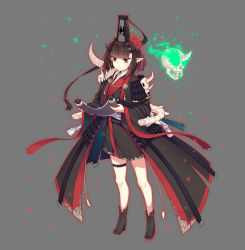 Rule 34 | 1girl, animal skull, black coat, black footwear, black kimono, boots, brown eyes, brown hair, closed mouth, coat, flower, glowing, grey background, hair flower, hair ornament, hat, highres, holding, horns, japanese clothes, jie (530940004), kimono, long sleeves, makeup, mini hat, obi, open clothes, open coat, original, red flower, sash, short hair, short kimono, simple background, skindentation, skull, solo, spine, standing, thigh strap, wide sleeves