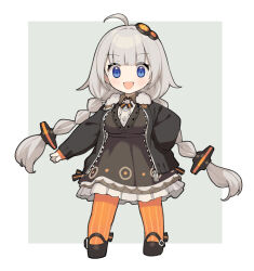 Rule 34 | 1girl, black dress, black jacket, blue eyes, blush, braid, breasts, chibi, commentary request, dress, full body, hair ornament, hand in pocket, jacket, kizuna akari, large breasts, long hair, long sleeves, looking at viewer, open clothes, open jacket, open mouth, orange pantyhose, pantyhose, shirinda fureiru, simple background, solo, striped clothes, striped pantyhose, twin braids, vertical stripes, very long hair, voiceroid