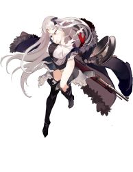 Rule 34 | 1girl, albino, black footwear, black ribbon, bolt action, boots, breasts, coat, covering privates, covering breasts, covering crotch, cross, full body, fur trim, german text, girls&#039; frontline, gun, hair ornament, hair ribbon, hat, unworn headwear, high heel boots, high heels, highres, iron cross, jacket, jacket on shoulders, kar98k (girls&#039; frontline), karabiner 98k, long hair, mauser 98, medium breasts, military, military uniform, nazi, off shoulder, official art, one eye closed, open clothes, peaked cap, purple eyes, ribbon, rifle, samail, solo, standing, standing on one leg, thigh boots, thighhighs, torn clothes, transparent background, uniform, very long hair, weapon, white hair