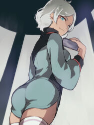 Rule 34 | 1girl, ass, blue eyes, breasts, commentary request, dark-skinned female, dark skin, from behind, from below, green jacket, green skirt, gundam, gundam suisei no majo, jacket, looking at viewer, looking back, medium breasts, miniskirt, profile, ren mizuha, secelia dote, skirt, solo, thighhighs, white hair, white thighhighs