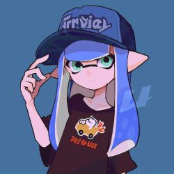 Rule 34 | 1girl, baseball cap, black shirt, blue background, blue hair, blue hat, commentary, green eyes, hat, imaikuy0, inkling, inkling girl, inkling player character, long hair, nintendo, pointy ears, print headwear, print shirt, shirt, simple background, solo, splatoon (series), symbol-only commentary, tentacle hair, upper body