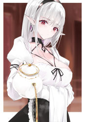 Rule 34 | 1girl, black hairband, black skirt, breasts, cleavage, closed mouth, commentary request, cowboy shot, earrings, elf, expressionless, frills, grey hair, hairband, highres, holding, jewelry, juliet sleeves, large breasts, long hair, long sleeves, maid, mole, mole on breast, original, pointy ears, pouring, puffy sleeves, red eyes, shirt, skirt, solo, steam, tea, teapot, teeth, upper teeth only, white shirt, won (az hybrid)