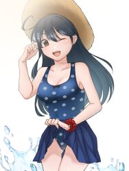 Rule 34 | 1girl, ahoge, bare arms, bare legs, bare shoulders, black hair, blue one-piece swimsuit, bobokuboboku, breasts, brown eyes, collarbone, cowboy shot, hair between eyes, hat, highres, kantai collection, large breasts, long hair, looking at viewer, one-piece swimsuit, one eye closed, open mouth, polka dot, polka dot swimsuit, simple background, smile, solo, straw hat, swimsuit, ushio (kancolle), white background