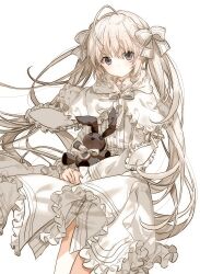 Rule 34 | 1girl, absurdres, ahoge, blush, capelet, closed mouth, cowboy shot, dress, frilled dress, frills, grey eyes, hair ribbon, high collar, highres, holding, holding stuffed toy, kasugano sora, long hair, long sleeves, looking at viewer, migolu, own hands together, ribbon, simple background, solo, stuffed animal, stuffed rabbit, stuffed toy, twintails, very long hair, white background, white capelet, white dress, white hair, white ribbon, yosuga no sora
