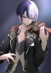 Rule 34 | 1boy, absurdres, amin (aminblue), aoyagi touya, blue hair, bow (music), buttons, closed mouth, dark blue hair, fingernails, grey eyes, hair between eyes, highres, holding, holding bow (music), holding instrument, holding violin, hood, hood down, hooded jacket, instrument, jacket, long sleeves, male focus, mole, mole under eye, multicolored hair, music, official alternate costume, open clothes, open jacket, period of nocturne (project sekai), playing instrument, project sekai, short hair, solo, split-color hair, two-tone hair, upper body, violin