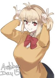 1girl absurdres arcueid_brunestud bow bowtie breasts closed_mouth commentary cosplay cosplay_request english_commentary highres jonyeld large_breasts red_bow red_bowtie red_eyes sidelocks smile solo sweater tsukihime upper_body yellow_sweater