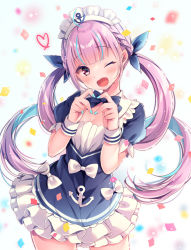 Rule 34 | 1girl, ;d, ahoge, anchor, anchor symbol, blue dress, blue hair, blue nails, blue ribbon, blush, bow, breasts, cleavage, commentary request, confetti, dress, frilled bow, frills, hair ribbon, hands up, head tilt, heart, heart hands, hololive, long hair, medium breasts, minato aqua, minato aqua (1st costume), multicolored hair, nail polish, nemuri nemu, one eye closed, open mouth, pink hair, puffy short sleeves, puffy sleeves, red eyes, ribbon, short sleeves, smile, solo, streaked hair, twintails, two-tone hair, very long hair, virtual youtuber, white bow, wrist cuffs
