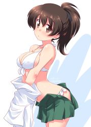 Rule 34 | 1girl, :o, arched back, bikini, bikini under clothes, black ribbon, blouse, blush, breasts, brown eyes, brown hair, cleavage, closed mouth, clothes pull, commentary, cowboy shot, dated, front-tie bikini top, front-tie top, frown, girls und panzer, green skirt, hair ribbon, highres, koyama yuzu, kuzuryuu kennosuke, leaning forward, looking at viewer, medium breasts, medium hair, miniskirt, navel, one-hour drawing challenge, ooarai school uniform, open clothes, open skirt, parted lips, pleated skirt, ribbon, school uniform, serafuku, shirt, shirt pull, short ponytail, side-tie bikini bottom, simple background, skindentation, skirt, solo, standing, swimsuit, twitter username, white background, white bikini, white shirt