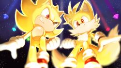 Rule 34 | 2boys, animal nose, chaos emerald, clenched teeth, furry, furry male, gloves, grin, male focus, misuta710, multiple boys, multiple tails, red eyes, shoes, smile, sneakers, sonic (series), sonic the hedgehog, super sonic, tail, tails (sonic), teeth, transformation, two tails, white gloves