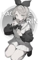 Rule 34 | 1girl, adapted costume, bow, bowtie, cardigan, character name, commentary, eating, food, fortissimo, greyscale, hair bow, highres, holding, holding food, holding phone, jacket, kagamine rin, kagamine rin (vocaloid4), kneeling, looking at viewer, monochrome, multiple hairpins, off shoulder, open cardigan, open clothes, open jacket, phone, piano print, rcs 4, school uniform, short hair, sideways glance, skirt, solo, squatting, swept bangs, symbol-only commentary, thighs, vocaloid, white background