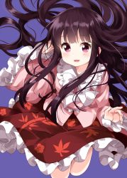 Rule 34 | 1girl, arm up, bamboo print, black hair, blouse, blue background, bow, floral print, frilled skirt, frilled sleeves, frills, hair spread out, hand in own hair, highres, houraisan kaguya, jumping, leaf print, long hair, long sleeves, looking at viewer, parted lips, pink shirt, purple eyes, red skirt, ruu (tksymkw), shirt, sidelocks, simple background, skirt, solo, touhou, very long hair, white bow, white neckwear