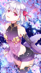 Rule 34 | 1girl, bare shoulders, black skirt, black thighhighs, blurry, blurry background, blush, bow, bridal gauntlets, collarbone, commentary request, covered collarbone, depth of field, dress, earrings, fate/grand order, fate (series), flower, groin, hair between eyes, hair bow, highres, jewelry, kama (fate), kama (first ascension) (fate), looking at viewer, navel, pink flower, purple dress, purple eyes, red bow, sakura tsubame, silver hair, skirt, sleeveless, sleeveless dress, solo, thighhighs