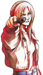 Rule 34 | 1girl, aiming, aiming at viewer, angry, aya brea, blonde hair, blue eyes, casual, denim, gangsta hold, gun, handgun, holding, holding gun, holding weapon, jacket, jeans, lips, long hair, looking at viewer, nomura tetsuya, official art, open clothes, open jacket, pants, parasite eve, pistol, solo, square enix, weapon