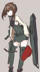 Rule 34 | 10s, 1girl, bike shorts, bow (weapon), brown hair, crossbow, flat chest, headgear, kantai collection, looking at viewer, mikoto (oi plus), open mouth, personification, pleated skirt, short hair, simple background, sketch, skirt, smile, solo, taihou (kancolle), thighhighs, weapon, yellow eyes, zettai ryouiki