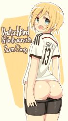 Rule 34 | 1girl, 2014 fifa world cup, ass, blonde hair, blue eyes, clothes pull, erica hartmann, german text, germany, glastonbury1966, looking at viewer, open mouth, pulling own clothes, ranguage, short hair, shorts, shorts pull, soccer, soccer uniform, solo, sportswear, strike witches, text focus, translated, world cup, world witches series