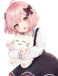 Rule 34 | 1girl, bow, bowtie, cat, doll, indie utaite, long sleeves, looking at viewer, niconico, nqrse, open mouth, piinachu, pink eyes, pink hair, shirt, short hair, skirt, smile, solo, striped, striped bow, upper body, utaite, white background