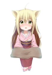 Rule 34 | 1girl, ahoge, animal ears, blonde hair, blush, eyebrows, fang, highres, japanese clothes, kimono, konohana kitan, long hair, looking at viewer, open mouth, simple background, solo, standing, towel, very long hair, white background, yellow eyes, yuzu (konohana kitan)