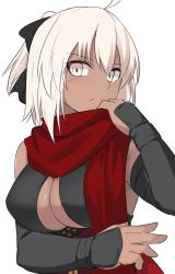 Rule 34 | 1girl, ahoge, blonde hair, breasts, closed mouth, dark-skinned female, dark skin, fate/grand order, fate (series), hand up, large breasts, looking at viewer, okita souji (fate), okita souji alter (fate), okita souji alter (first ascension) (fate), ponytail, red scarf, scarf, shiseki hirame, short hair, simple background, solo, vambraces, white background, yellow eyes