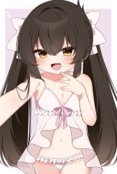 Rule 34 | 1girl, absurdres, babydoll, black hair, highres, idolmaster, idolmaster cinderella girls, idolmaster cinderella girls starlight stage, idolmaster cinderella girls u149, long hair, looking at viewer, maju risa, matoba risa, navel, panties, selfie, solo, twintails, underwear, white panties, yellow eyes