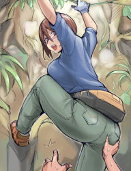 Rule 34 | 00s, 1girl, ass, ass grab, bespectacled, blush, breasts, brown eyes, brown hair, casual, climbing, fanny pack, glasses, gloves, hand on ass, large breasts, looking back, aged up, open mouth, plant, rozen maiden, short hair, solo focus, souseiseki, sweat, tsuda nanafushi, vines
