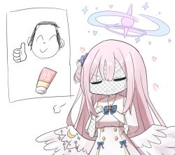 Rule 34 | 1girl, angel wings, arm behind back, blue archive, blunt bangs, bow, cameo, capelet, closed eyes, commentary request, cosmetics, doodle sensei (blue archive), dress, feathered wings, fourth wall, hair bun, hair ornament, halo, heart, long hair, looking at viewer, lotion bottle, mika (blue archive), one side up, package, pink hair, school uniform, sensei (blue archive), sidelocks, simple background, single side bun, smile, smug, solo, thumbs up, toro th, transparent, turtleneck, turtleneck dress, white background, white capelet, white dress, white wings, wings