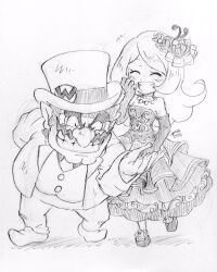 Rule 34 | 1boy, 1girl, bowing, cleft chin, closed eyes, dress, elbow gloves, facial hair, formal, frilled dress, frills, gloves, grin, hat, highres, laughing, long hair, mona (warioware), mustache, nintendo, sketch, smile, suit, top hat, traditional media, wario, warioware, yamato koara