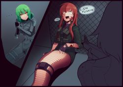 Rule 34 | ..., 10s, 2girls, ahoge, aiming, animal ears, black border, black gloves, black shirt, blood, blood on arm, boa (brianoa), bodysuit, border, breasts, closed mouth, comic, cosplay, covered navel, crossover, d:, d:&lt;, english text, fang, fence, fingerless gloves, gloves, green hair, green jacket, grey background, grey bodysuit, gun, hair between eyes, hikage (senran kagura), holding, holding gun, holding weapon, impossible bodysuit, impossible clothes, iroquois pliskin, iroquois pliskin (cosplay), jacket, jewelry, lamia, looking at another, looking away, looking to the side, looking up, medium breasts, metal gear (series), metal gear solid 2: sons of liberty, miia (monster musume), monster girl, monster musume no iru nichijou, multiple girls, necklace, nervous smile, open mouth, pointy ears, pouch, raiden, raiden (cosplay), raiden (metal gear), red hair, ring, ring necklace, scales, senran kagura, shirt, short hair, sitting, skin tight, slit pupils, smile, solid snake, speech bubble, spread legs, standing, submachine gun, sweat, sweatdrop, v-shaped eyebrows, weapon, yellow eyes