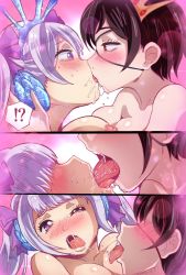 Rule 34 | 2girls, black clover, black hair, blush, bow, breasts, cleavage, close-up, erect nipple, exclamation mark, exclamation mark, eyepatch, french kiss, hair bow, hair over eyes, highres, kiss, long hair, looking at another, multiple girls, nipples, no bra, noelle silva, one eye closed, open mouth, pink background, pink eyes, question mark, red eyes, saliva, saliva trail, saliva trail, short hair, silver hair, simple background, small breasts, sweat, tatigami, tongue, tongue kiss, tongue out, vanica zogratis, yuri