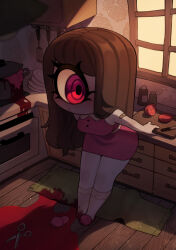 Rule 34 | 1girl, absurdres, blood, blood on clothes, blood on ground, breasts, brown hair, commentary, cooking pot, cupboard, cutting board, cyclops, dress, full body, highres, implied murder, knife, long hair, medium breasts, one-eyed, original, oven, plate, red dress, red eyes, rug, scissors, short dress, single slipper, slippers, solo, spatula, tomato, window, wooden floor, zombiemiso