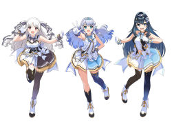 Rule 34 | absurdres, alternate costume, artia, biqi gu qi ku bi, blue eyes, blue footwear, blue hair, blush, breasts, cleavage, clenched hand, clothing cutout, corrupted metadata, detached collar, doris (hololive), fins, floating hair, gloves, grey hair, hairband, halterneck, high heels, highres, hololive, hololive china, idol clothes, long hair, looking to the side, medium breasts, navel, navel cutout, open mouth, parted bangs, red eyes, rosalyn (hololive), single leg pantyhose, single thighhigh, skirt, small breasts, smile, thighhighs, tiara, two side up, virtual youtuber, waving, white background, white footwear, white gloves, white hairband, white skirt, wrist cuffs