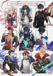 Rule 34 | 1girl, 6+boys, abs, ahoge, arjuna (fate), arknights, armor, ayer, bare shoulders, beard, black armor, black hair, black jacket, blonde hair, blue eyes, blue hair, braid, breasts, brown hair, cape, character name, crossover, dark-skinned male, dark skin, darkavey, english text, epaulettes, facial hair, fate/grand order, fate (series), fire emblem, fire emblem heroes, flamebringer (arknights), gauntlets, gloves, goggles, goggles on head, hair between eyes, hair slicked back, hand on own hip, highres, hood, horned mask, horns, ia (vocaloid), jacket, jewelry, kekkai sensen, leonardo watch, lif (fire emblem), long hair, long sideburns, long sleeves, looking at viewer, male focus, mask, masked, microphone, military, military uniform, multiple boys, multiple crossover, multiple drawing challenge, muscular, napoleon bonaparte (fate), nezha (granblue fantasy), nintendo, one eye closed, open clothes, open mouth, pale skin, pants, pectorals, pink hair, pleated skirt, pointing, pointing at self, pointy ears, red eyes, red hair, scar, scarf, seofon (granblue fantasy), shirt, short hair, sideburns, simple background, six fanarts challenge, skirt, smile, spiked hair, sword, twin braids, uniform, upper body, very long hair, vocaloid, weapon, white gloves, white hair