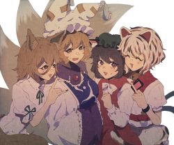Rule 34 | 4girls, :3, ^ ^, animal ears, animal hat, blonde hair, bow, bowtie, breasts, bright pupils, brown eyes, brown hair, cat ears, cat tail, chen, closed eyes, dress, fox ears, fox shadow puppet, fox tail, gold trim, goutokuji mike, hair between eyes, hand up, hat, highres, jumpsuit, kudamaki tsukasa, large breasts, looking at another, looking at viewer, middle finger, mob cap, multicolored hair, multiple girls, multiple tails, nekomata, open mouth, mob cap, puffy short sleeves, puffy sleeves, red dress, romper, shirt, short hair, short sleeves, simple background, small breasts, sokura (mochichitose), streaked hair, sweat, tabard, tail, tassel, touhou, white background, white bow, white jumpsuit, white neckwear, white pupils, white shirt, yakumo ran