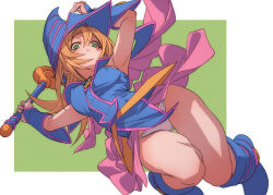 Rule 34 | 1girl, bare shoulders, blonde hair, blue footwear, blue hat, blush, blush stickers, boots, breasts, choker, cleavage, commentary request, dark magician girl, duel monster, fu-ta, green eyes, hair between eyes, hat, highres, large breasts, long hair, looking at viewer, panties, solo, staff, underwear, wand, white panties, wizard hat, yu-gi-oh!