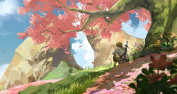 Rule 34 | absurdres, cherry blossoms, flower, highres, light brown hair, link, medium hair, nature, nintendo, pointy ears, ruoruoqiuu, scenery, short ponytail, sitting, sword, the legend of zelda, the legend of zelda: breath of the wild, tree, weapon, weapon on back, wide shot