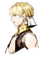 Rule 34 | 1boy, bare shoulders, black jacket, blonde hair, collar, earrings, fate/grand order, fate (series), gilgamesh, gilgamesh (caster) (fate), gilgamesh (fate), jacket, jewelry, looking away, male focus, necklace, open clothes, open jacket, parted lips, profile, red eyes, simple background, sleeveless, sleeveless jacket, solo, tenobe, white background