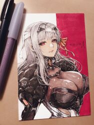 Rule 34 | 1girl, armor, bandaged head, bandages, bodystocking, breastplate, breasts, cleavage, closed mouth, dated, goddess of victory: nikke, grey hair, hair ribbon, highres, large breasts, lips, long hair, looking at viewer, mecha musume, modernia (nikke), nvalkyrja, red eyes, ribbon, see-through, see-through cleavage, shoulder armor, sidelocks, signature, smile, solo, traditional media, upper body, yellow ribbon