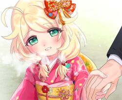 Rule 34 | 1boy, 1girl, ahoge, blonde hair, blush, breath, commentary request, green eyes, h2omizu 2, hair ornament, highres, holding hands, idolmaster, idolmaster cinderella girls, japanese clothes, kimono, low twintails, medium hair, obi, out of frame, outdoors, pink kimono, producer (idolmaster), sash, smile, solo focus, tassel, twintails, upper body, yusa kozue