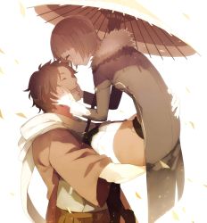 Rule 34 | 1boy, 1girl, aged down, ayatoki-1, bad id, bad pixiv id, carrying, closed eyes, gintama, hands on another&#039;s cheeks, hands on another&#039;s face, japanese clothes, leaf, looking at another, mutsu (gintama), oil-paper umbrella, sakamoto tatsuma, scarf, short hair, simple background, smile, umbrella, white background