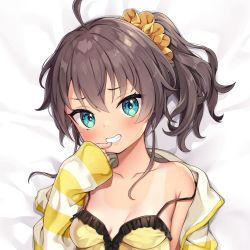Rule 34 | 1girl, ahoge, ayaoshiro, bed sheet, blue eyes, blush, breasts, brown hair, camisole, finger to mouth, frilled camisole, frills, grin, hair between eyes, highres, hololive, jacket, long sleeves, looking at viewer, lying, medium hair, natsuiro matsuri, natsuiro matsuri (matsuri&#039;s day off), on back, one-piece tan, scrunchie, side ponytail, small breasts, smile, solo, striped clothes, striped jacket, tan, tanline, virtual youtuber, white jacket, yellow camisole, yellow jacket, yellow scrunchie