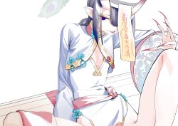 Rule 34 | 1girl, absurdres, chinese clothes, cleavage cutout, clothes lift, clothing cutout, dress, eyeliner, fate/grand order, fate (series), fingernails, flat chest, hair rings, hat, highres, horns, jiangshi, jiangshi costume, kaede (shijie heping), looking at viewer, makeup, nail polish, ofuda, oni, out-of-frame censoring, pelvic curtain, pelvic curtain lift, pointy ears, purple eyes, purple hair, qingdai guanmao, red nails, sharp fingernails, shuten douji (fate), shuten douji (festival outfit) (fate), simple background, sitting, sketch, skin-covered horns, solo, spread legs, tongue, tongue out, very long fingernails, white background, wide sleeves